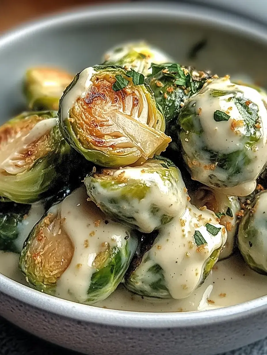 Choux de Bruxelles verts avec une sauce crémeuse et du persil frais dans un bol.