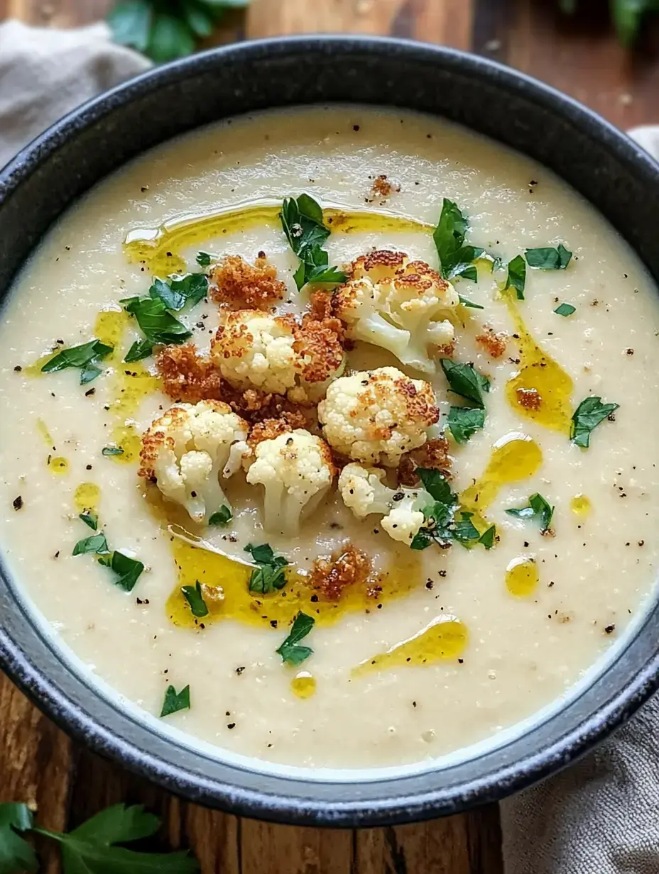 Un bol de soupe crémeuse au chou-fleur, garnie de morceaux de chou-fleur poêlés, d'herbes fraîches et d'un filet d'huile d'olive.