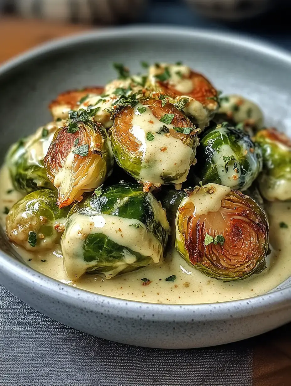 Une assiette de choux de Bruxelles rôtis, nappés d'une sauce crémeuse et garnis d'herbes fraîches.
