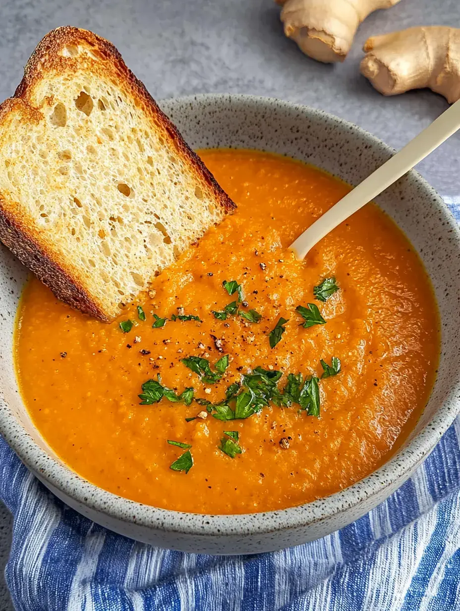 Un bol de soupe de potiron orange vif, garni de persil frais et accompagné d'un morceau de pain grillé.