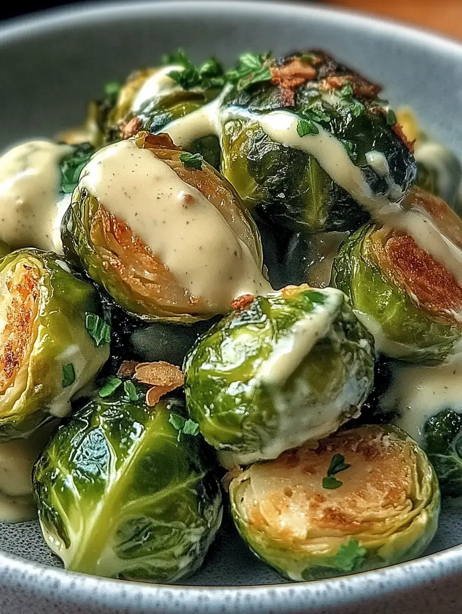 Gros plan sur des choux de Bruxelles sautés, garnis d'une sauce crémeuse et de persil frais.