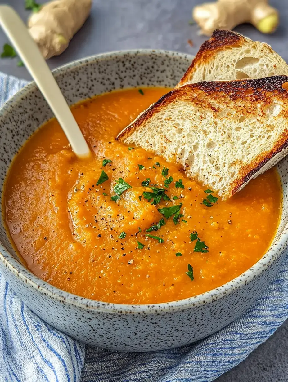 Un bol de soupe de carottes crémeuse, garnie de persil frais et deux tranches de pain grillé, posé sur un tissu bleu.