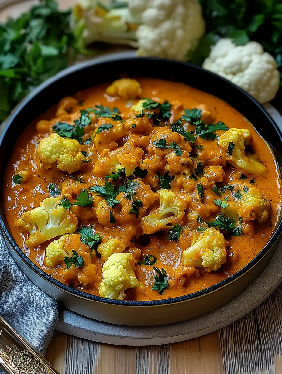 Une assiette de chou-fleur dans une sauce orangée épicée, garnie de coriandre fraîche.