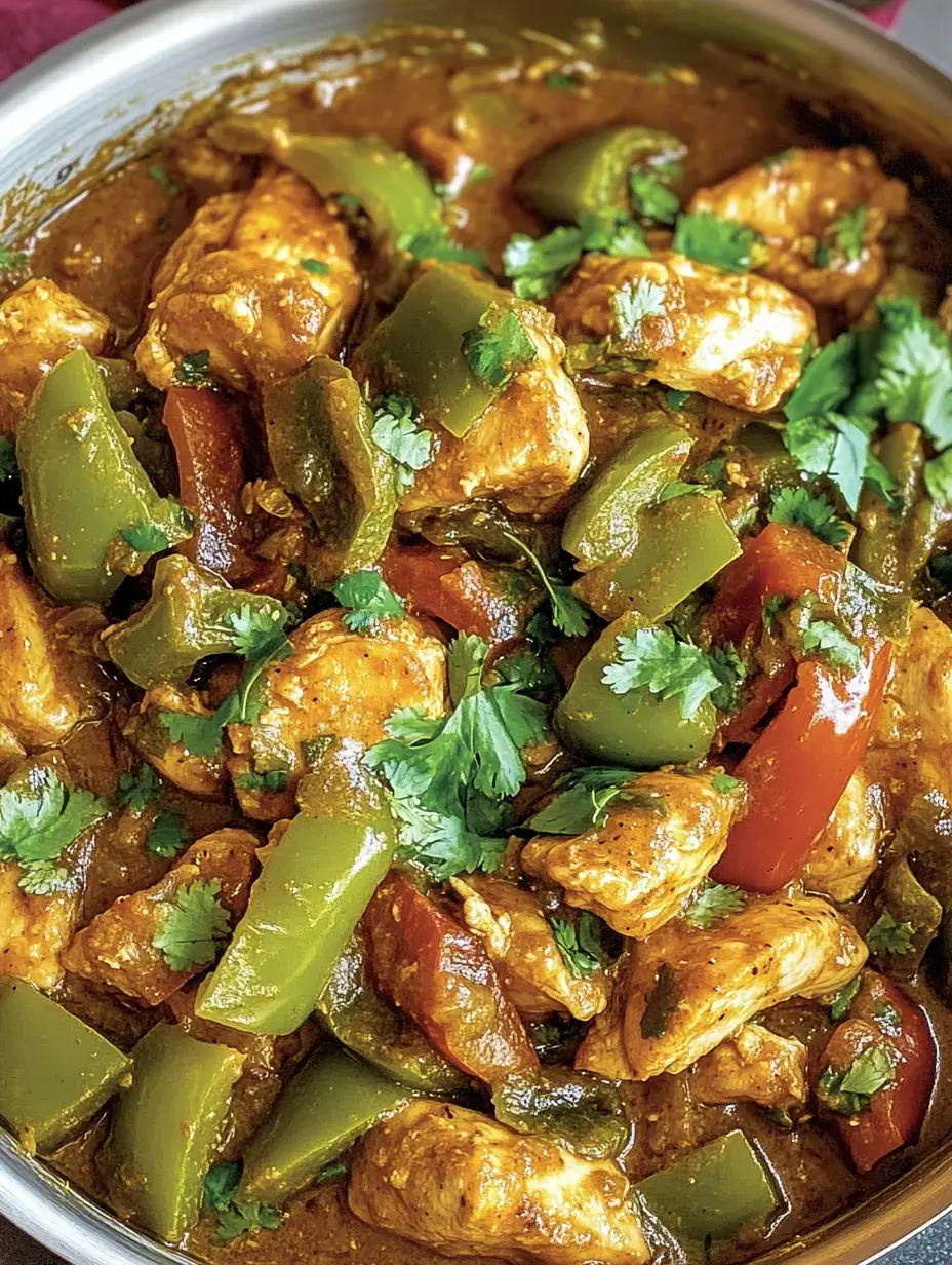 L'image montre un plat avec du poulet tendre, des poivrons colorés et de la coriandre fraîche dans une sauce épicée.
