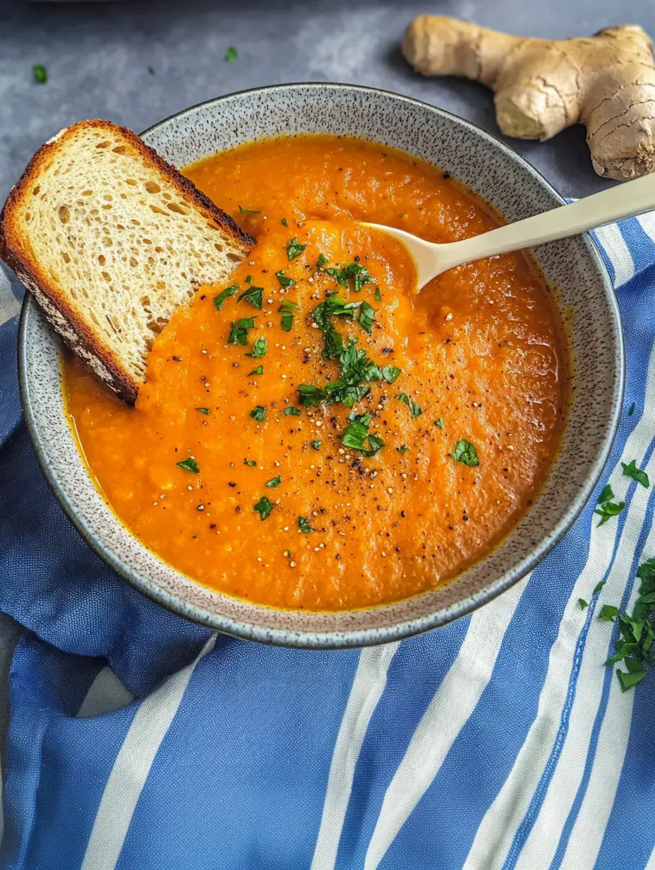 Un bol de soupe de carottes crémeuse, garnie de persil frais et un morceau de pain grillé, à côté d'un morceau de gingembre sur un tissu rayé.