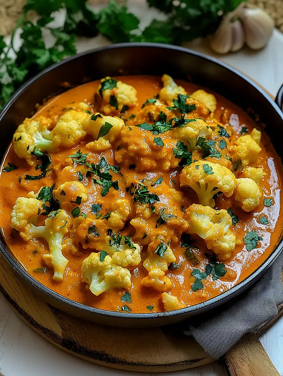 Un plat de chou-fleur dans une sauce crémeuse et épicée, garni de coriandre fraîche.