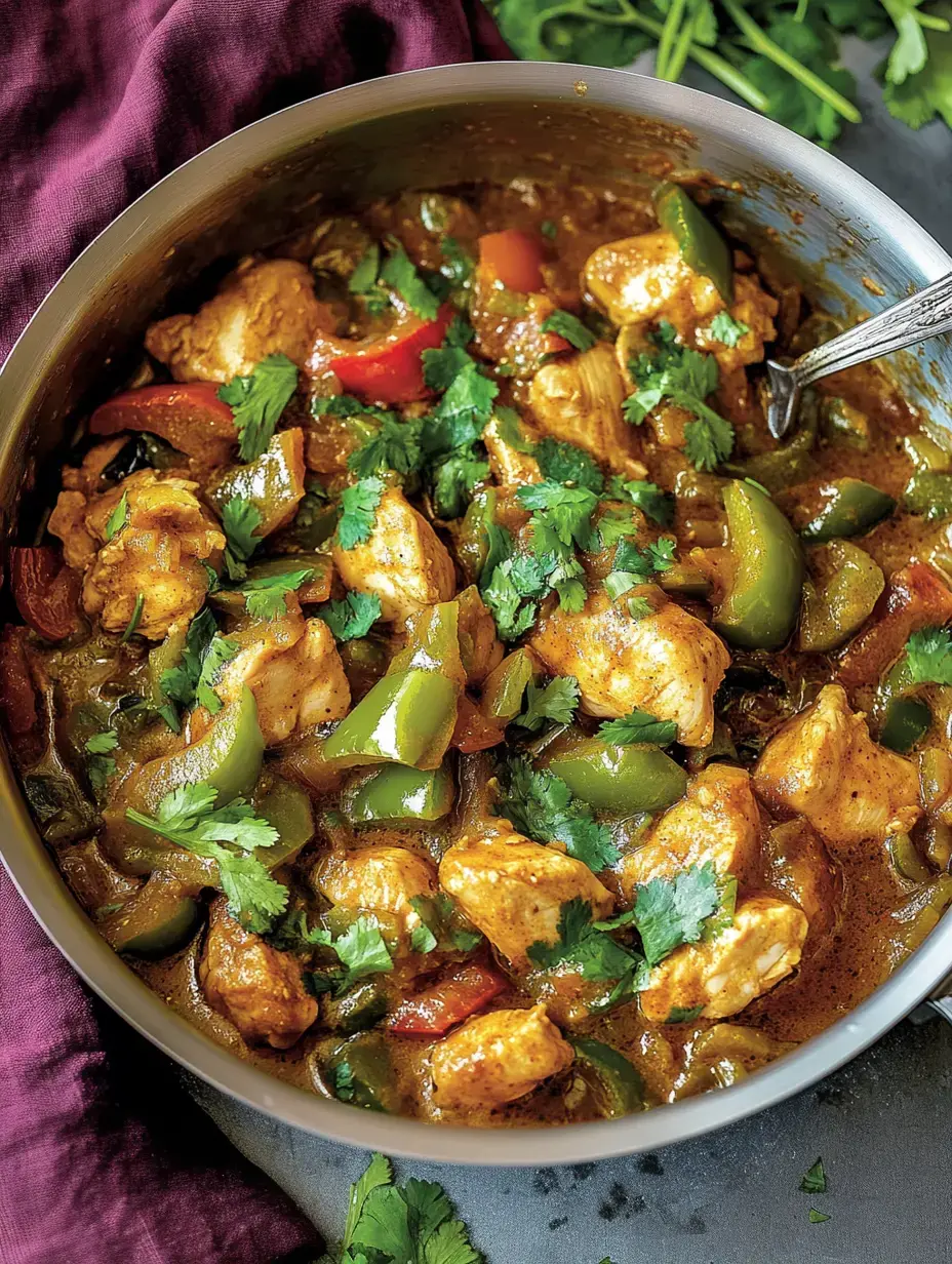 Une casserole avec des morceaux de poulet et des légumes colorés, garnie de coriandre.