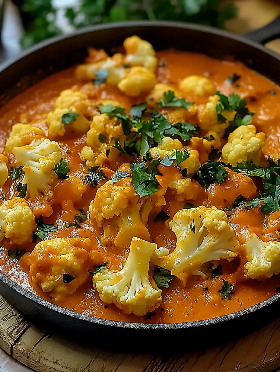 Un plat de chou-fleur dans une sauce tomate crémeuse, garni de coriandre fraîche.