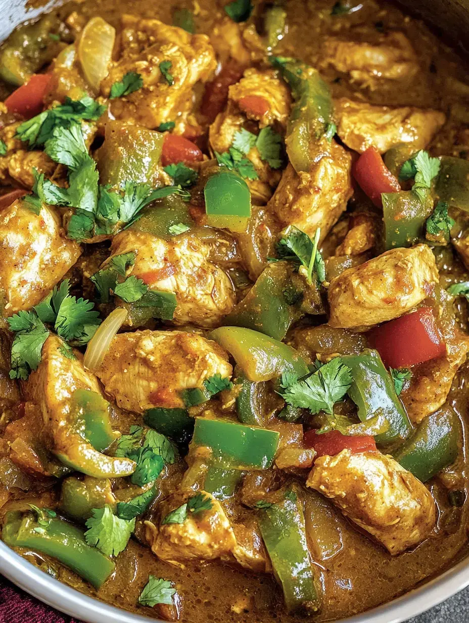 Un plat copieux de poulet avec des poivrons verts et rouges, garni de coriandre fraîche dans une sauce épicée.