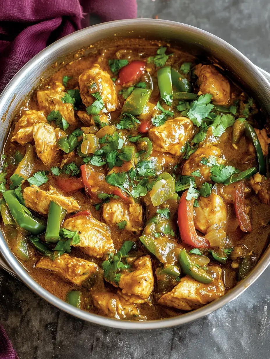 Une casserole avec des morceaux de poulet dans une sauce épicée, garnie de poivrons verts et rouges et de coriandre fraîche.