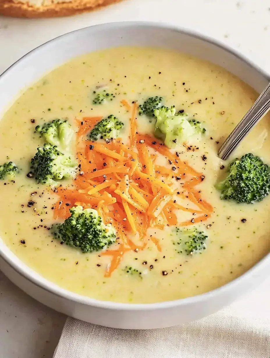 Un bol de soupe crémeuse brocoli-fromage, garnie de carottes râpées fraîches et de poivre noir.