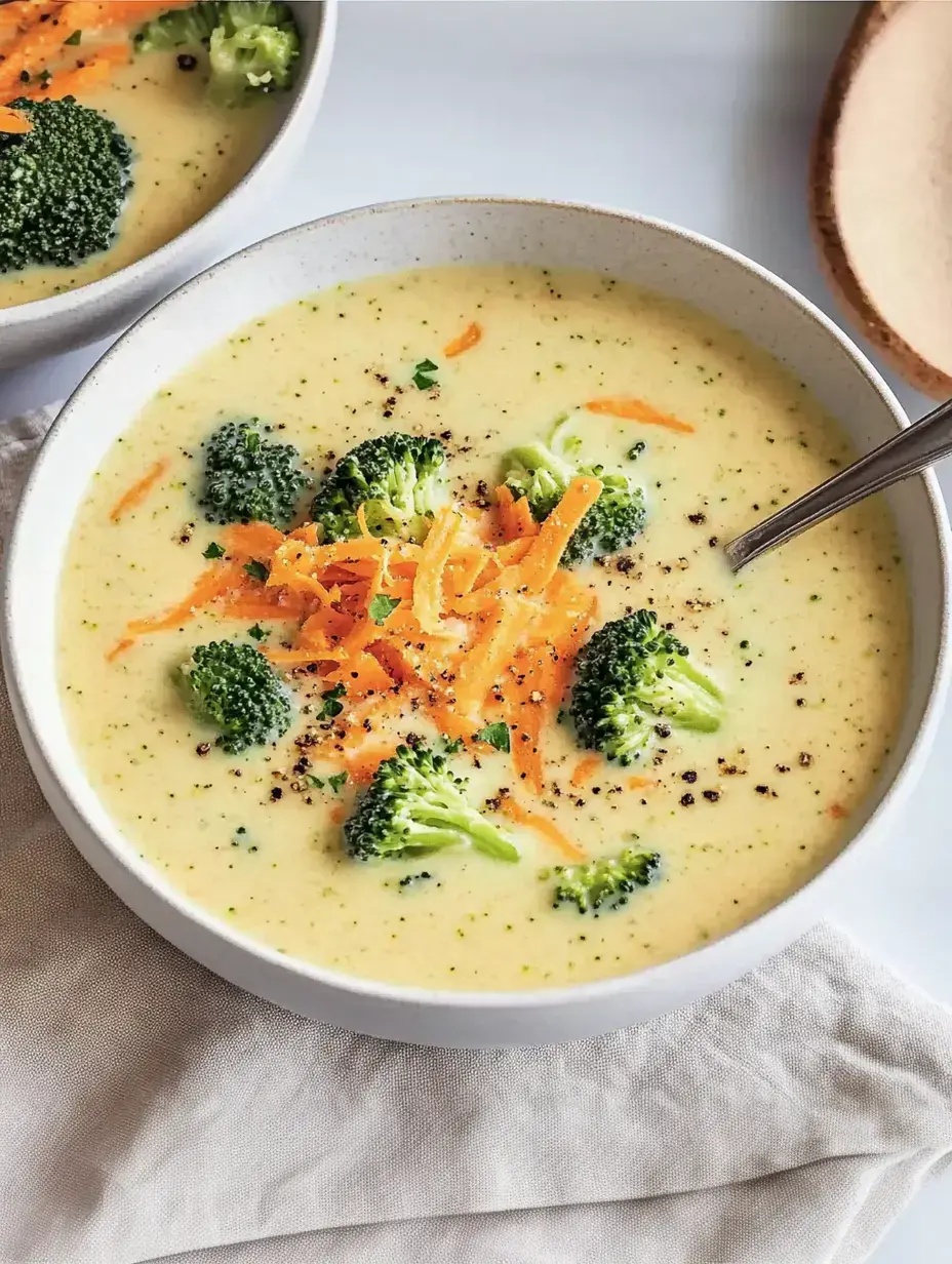 Un bol de soupe brocoli-carotte avec des carottes râpées, des fleurettes de brocoli et du poivre sur une surface de table claire.
