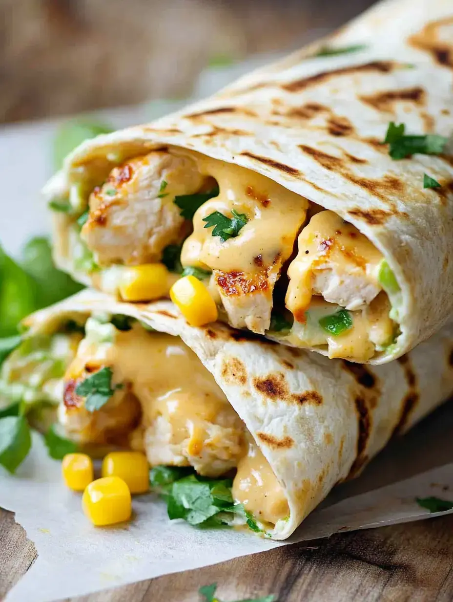 Deux tortillas garnies de poulet grillé, maïs, coriandre et sauce crémeuse.