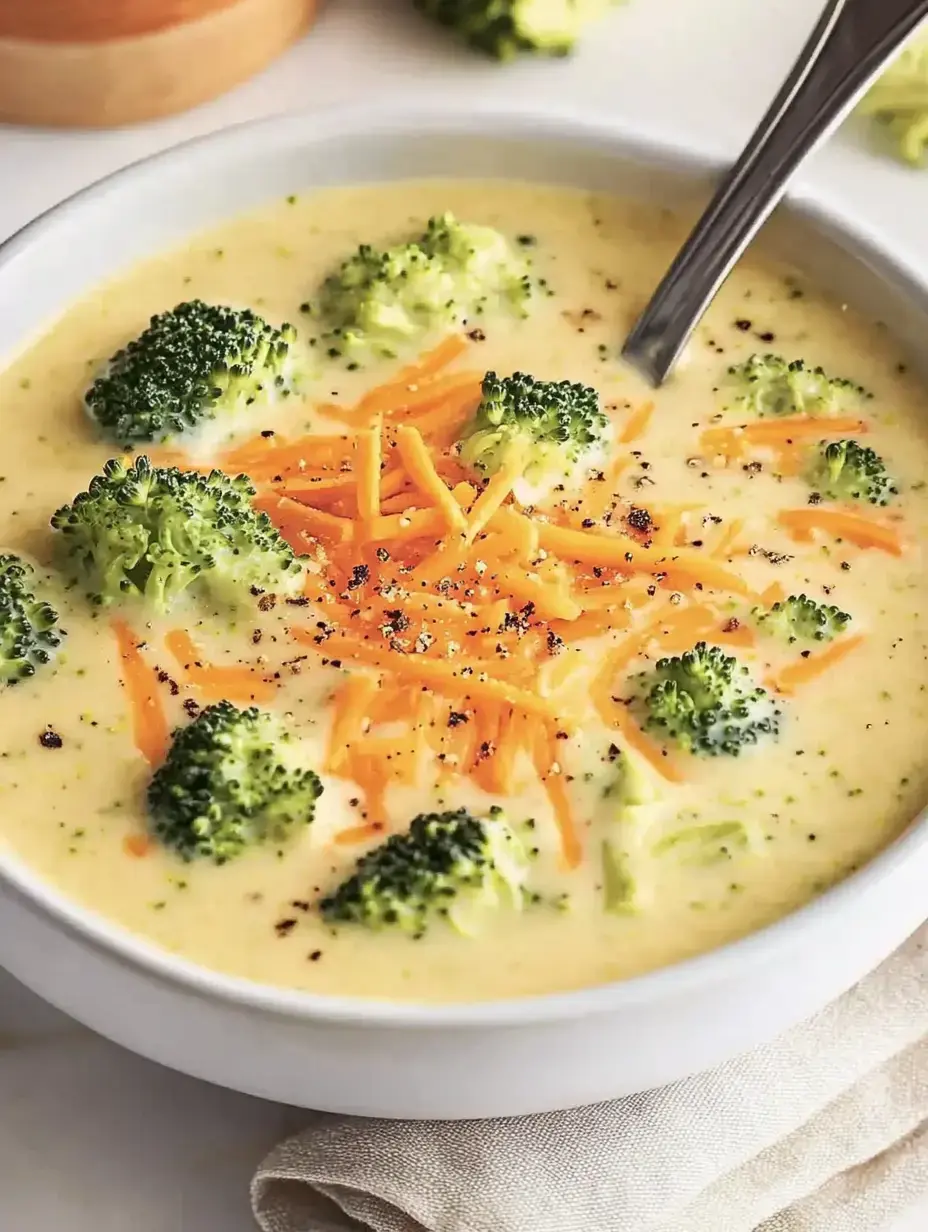 Un bol de soupe crémeuse brocoli-fromage avec des fleurettes de brocoli et du fromage râpé, décoré avec du poivre.