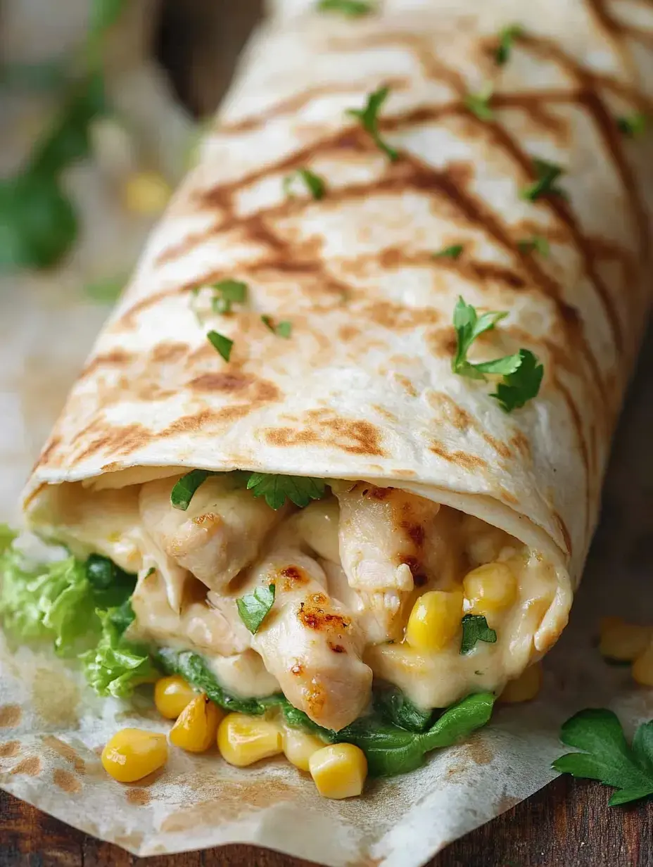Un wrap grillé garni de poulet, salade, maïs et sauce crémeuse, décoré de coriandre fraîche.