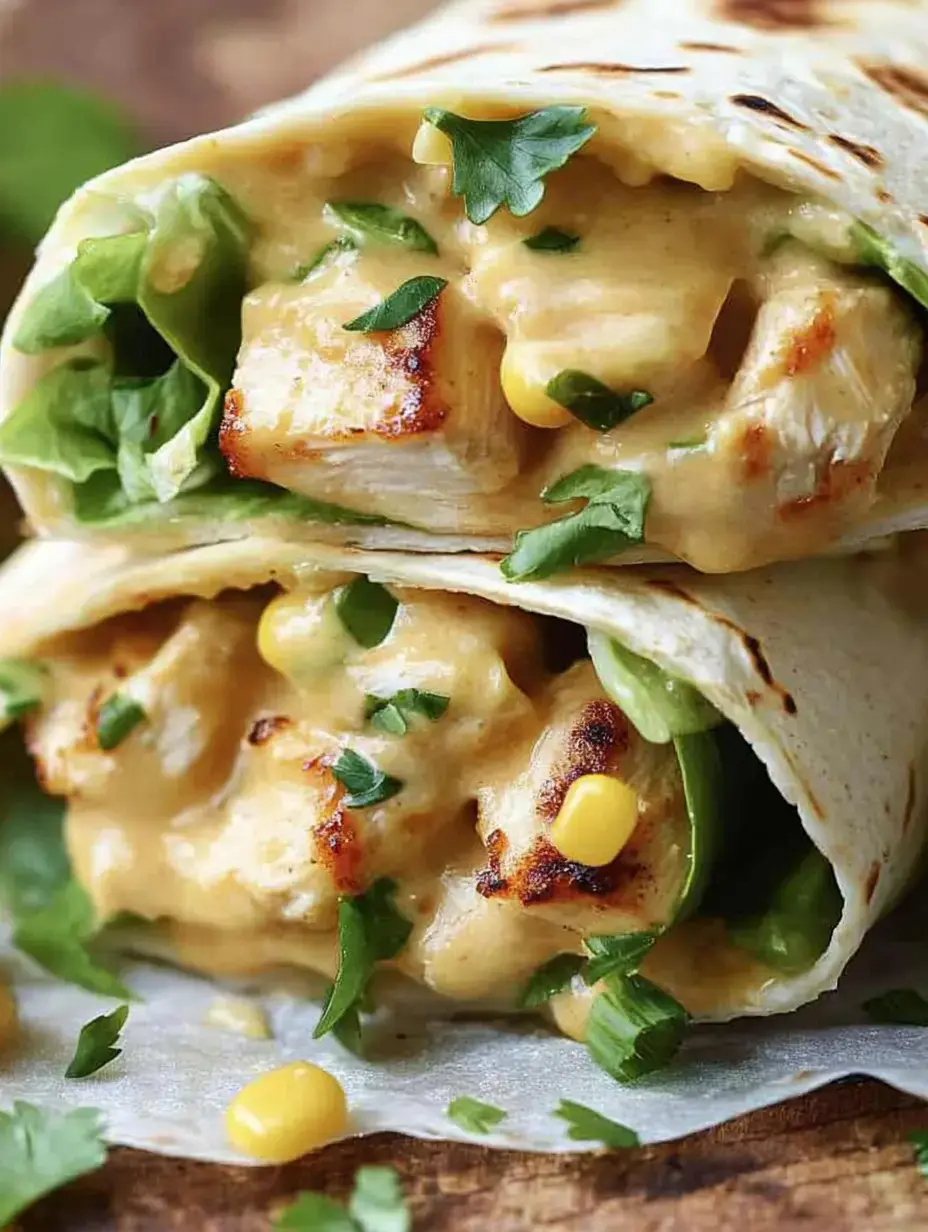 Gros plan sur deux tortillas garnies de poulet grillé, poivron vert, maïs et sauce crémeuse.