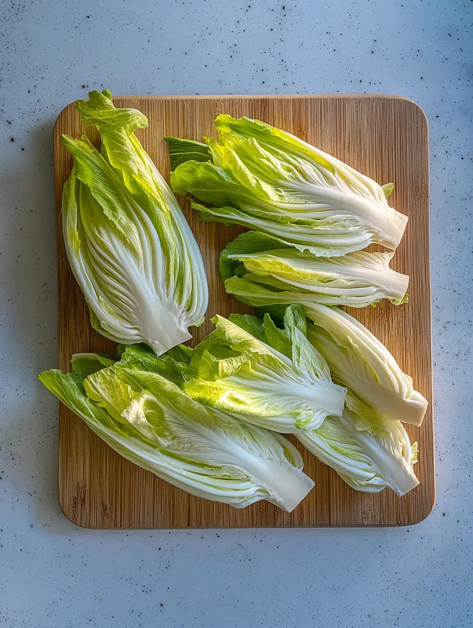 Sur une planche en bois se trouvent plusieurs pak choï coupés en deux avec leurs feuilles vert vif.