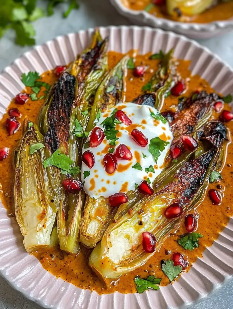 Une assiette de légumes grillés, entourés d'une sauce crémeuse, garnie de graines de grenade et de feuilles de coriandre fraîche.