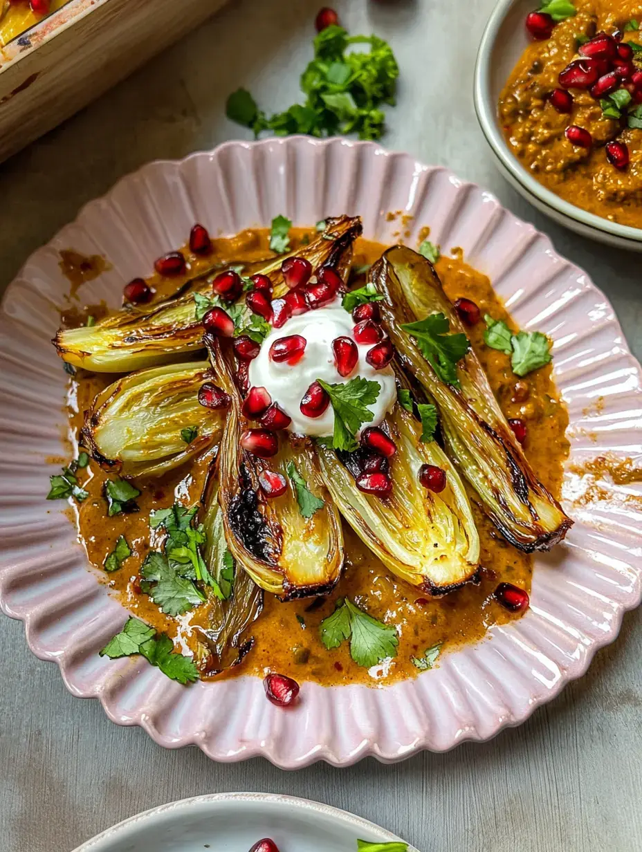 Une assiette artistiquement dressée avec des légumes grillés, garnie de yaourt, graines de grenade et coriandre fraîche sur une assiette rose.