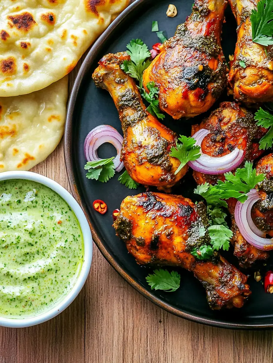 Une assiette de cuisses de poulet grillées, garnies de coriandre fraîche et d'oignons, à côté de deux pains naan et d'un bol de sauce verte.