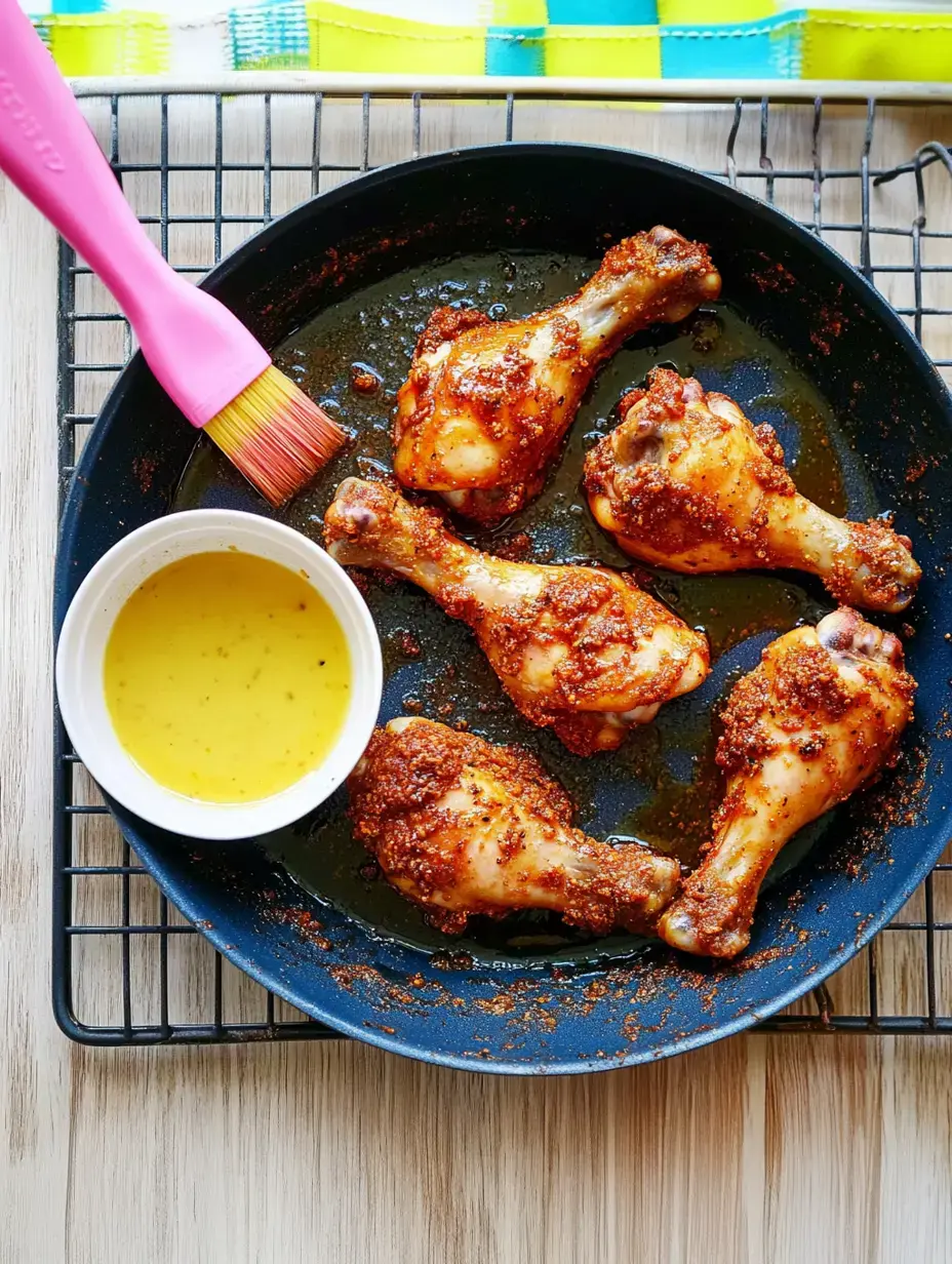 Une assiette de cuisses de poulet épicées avec un petit bol de sauce et un pinceau à côté.