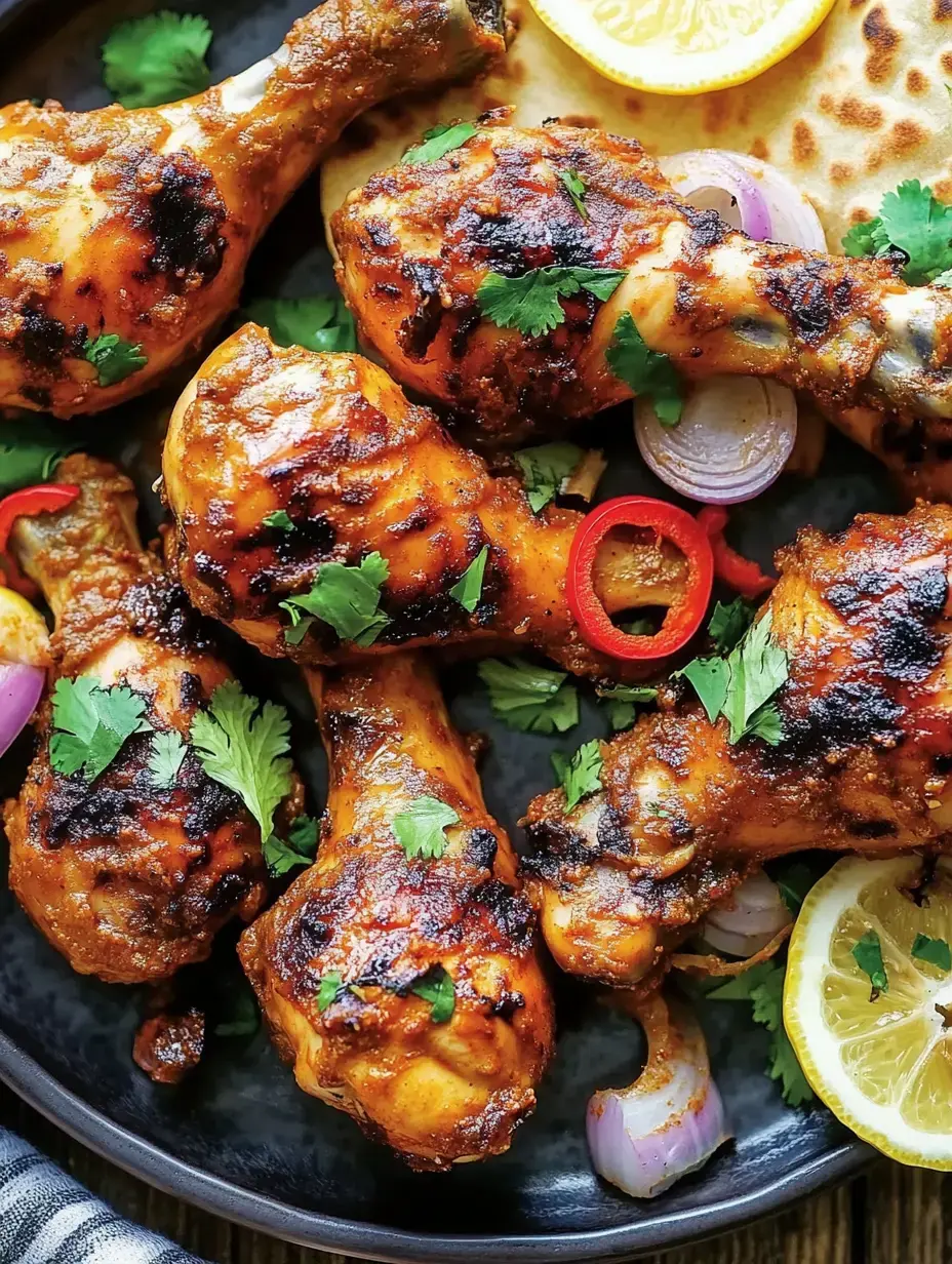 Une assiette de cuisses de poulet grillées, garnies de coriandre, d'oignons et de piments rouges, à côté d'une tranche de citron et d'une galette de pain.