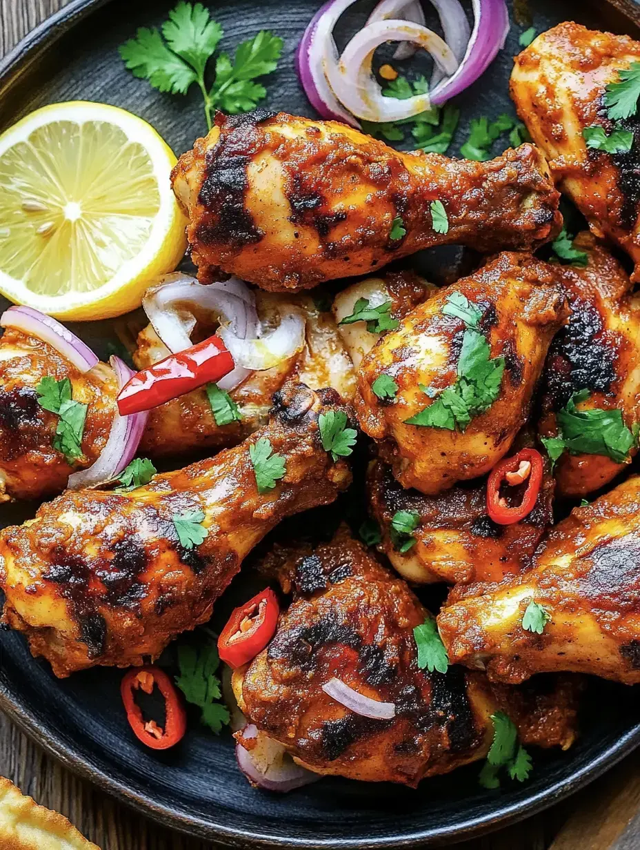 Cuisses de poulet grillées, assaisonnées de sauce à l'orange, garnies d'oignons rouges, de coriandre et d'une tranche de citron.