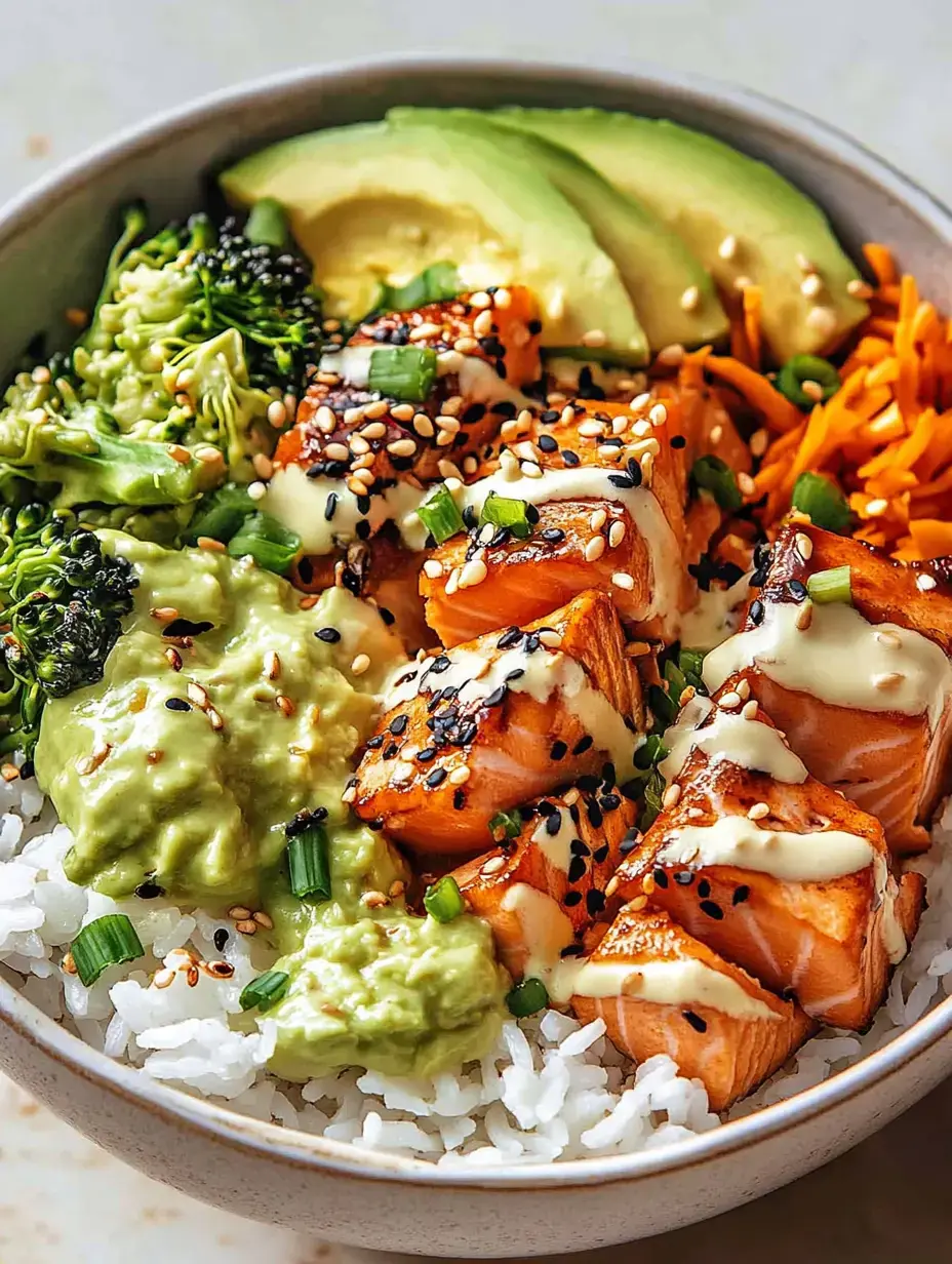 Un bol garni de riz, saumon grillé, tranches d'avocat, brocoli, carottes, sésame et sauce crémeuse.