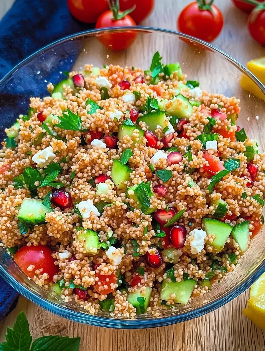 Une salade colorée de couscous avec tomates, concombres, graines de grenade, menthe et feta, servie dans un bol en verre.