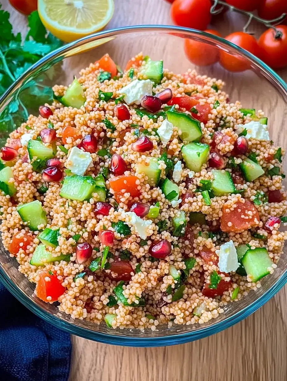 Une salade colorée de quinoa, concombres, tomates, graines de grenade et un peu de feta dans un bol en verre.