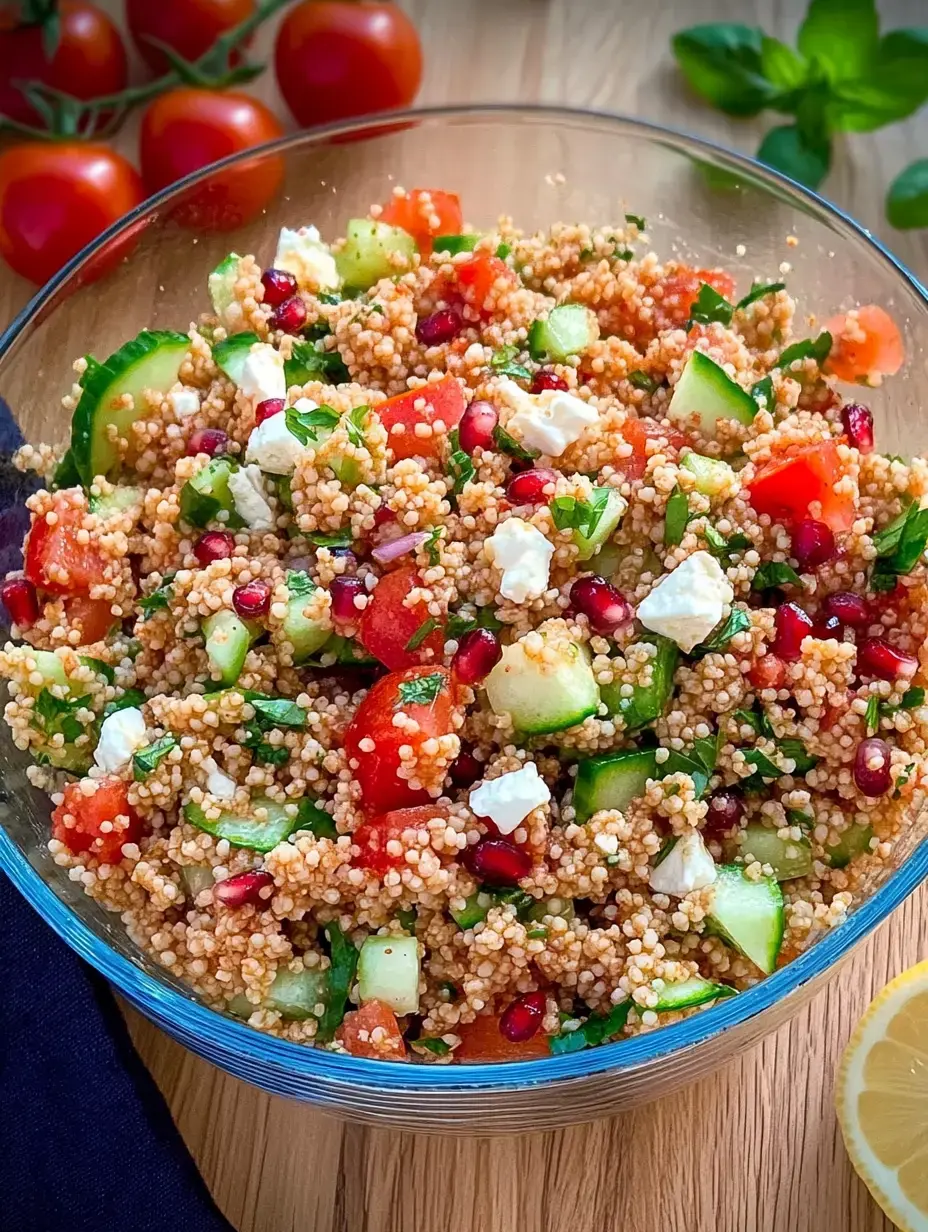 Une salade colorée de couscous avec tomates, concombres, graines de grenade et feta dans un bol en verre.