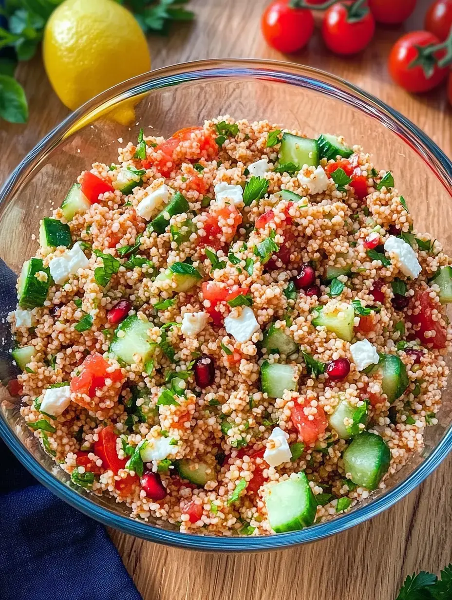 Une salade fraîche de couscous avec tomates, concombres, feta et graines de grenade dans un bol en verre.