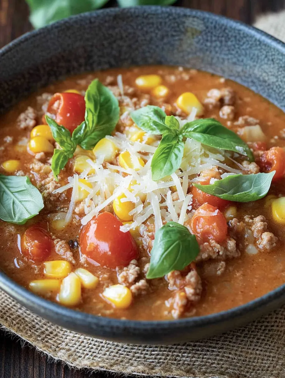 Soupe pizza rapide à la viande hachée – Épicée, crémeuse et rassasiante