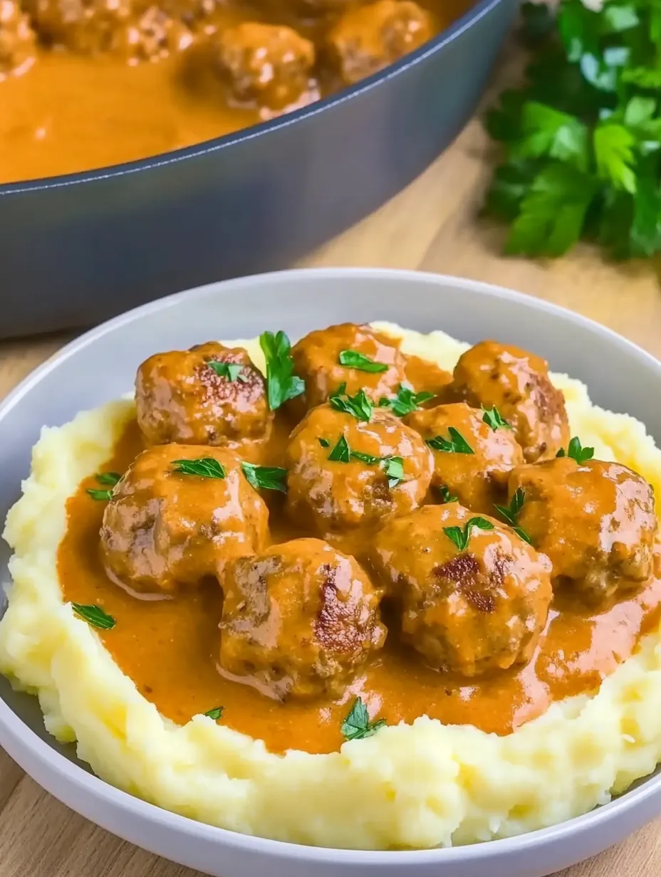 Savoureuses boulettes dans leur sauce crémeuse sur lit de purée