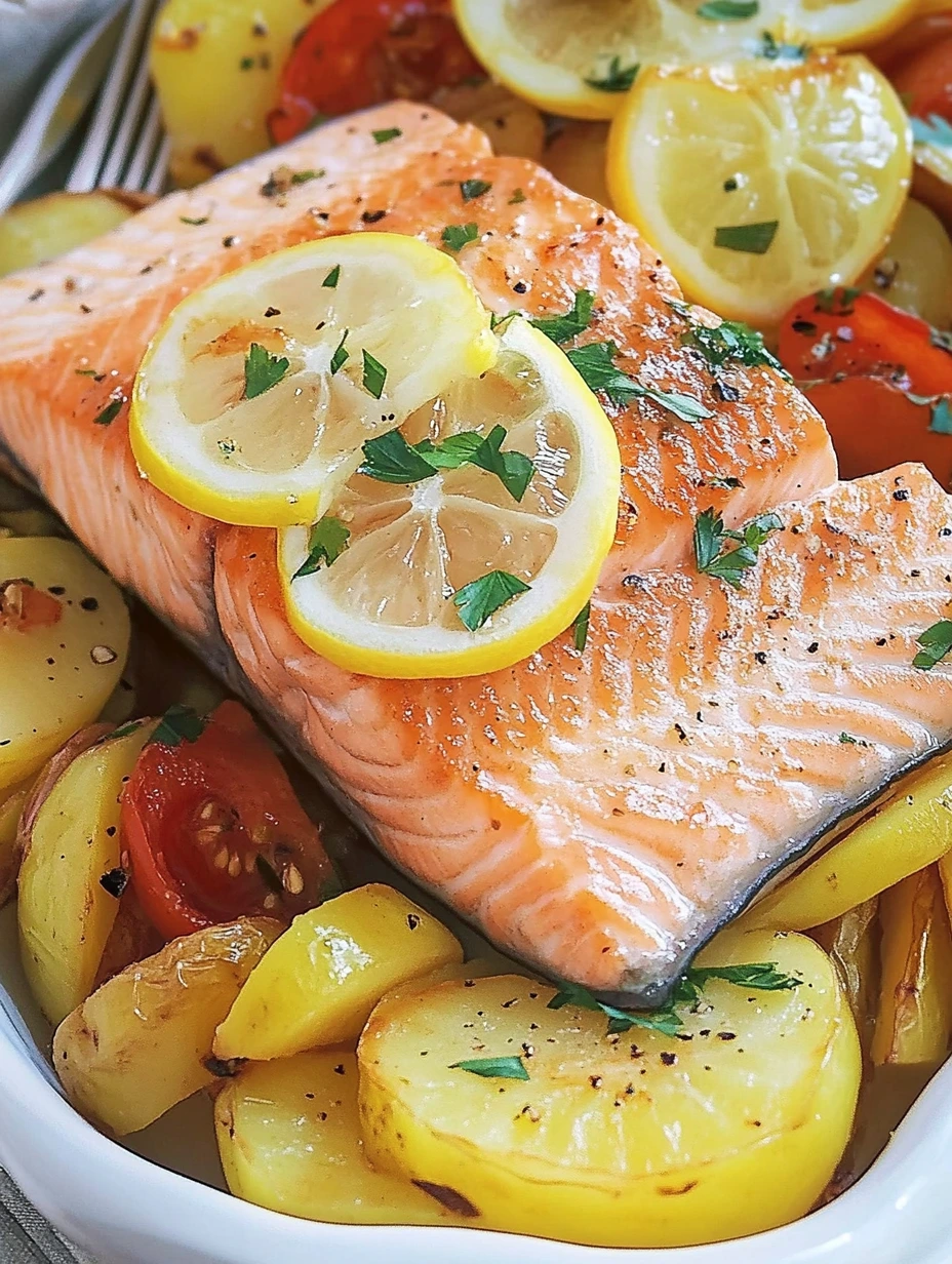 Pavés de saumon sur lit de pommes de terre et tomates