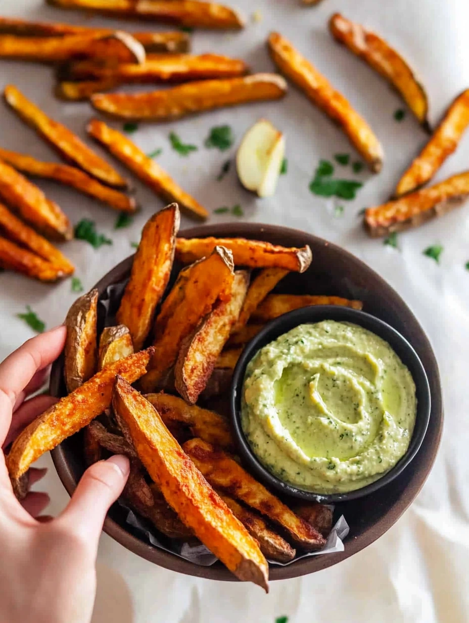 Frites de patates douces et dip à l’avocat dans un bol