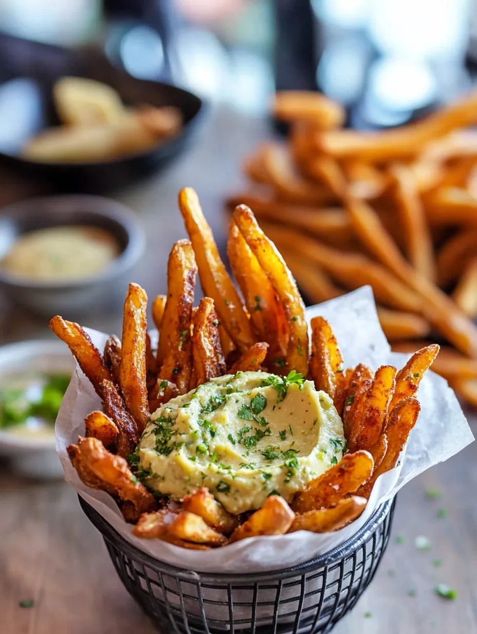 Un panier Frites de patates douces et dip à l’avocat