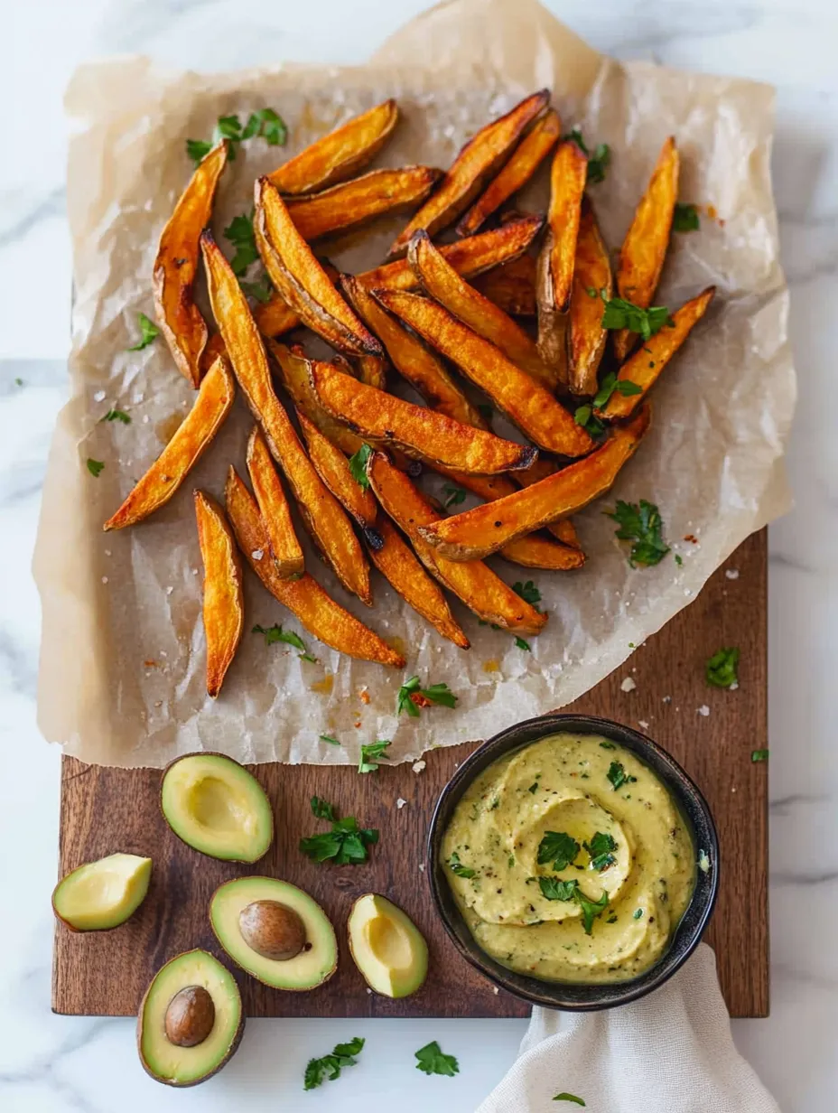 Frites de patates douces et dip à l’avocat prêtes à servir