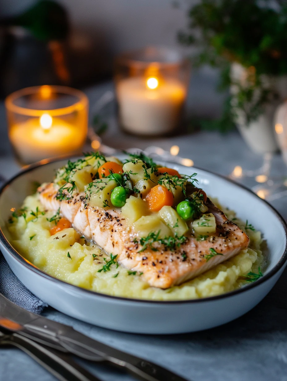 Pavé de saumon aux légumes et purée de pomme de terre, fait maison