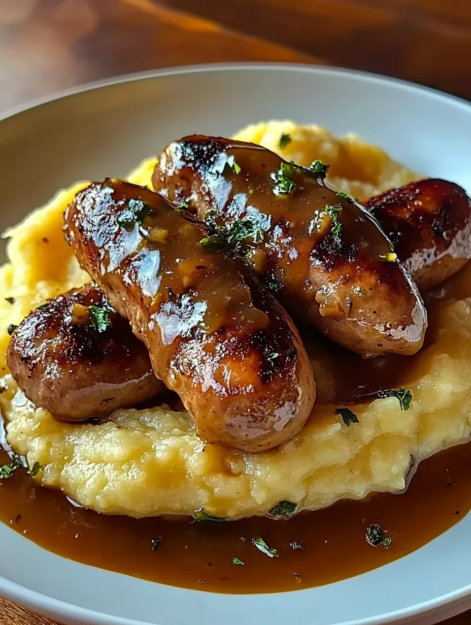 Un plat britannique de saucisses et purée nappées d'une savoureuse sauce aux oignons caramélisés.