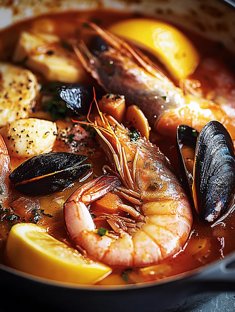 Bouillabaisse, Plat méditerranéen plein de saveurs avec coquillages frais et herbes.