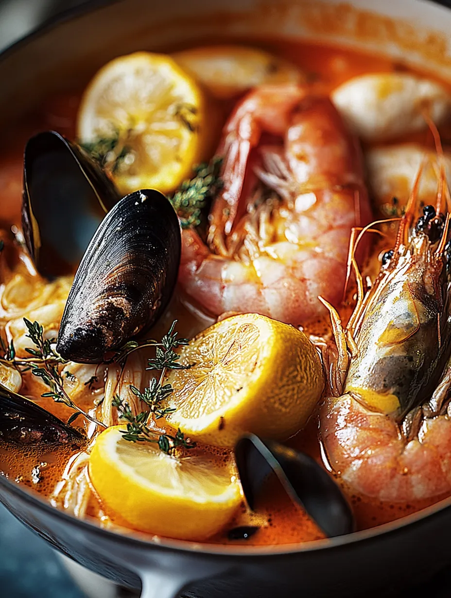 Bouillabaisse marseillaise mélange poissons blancs, coquillages et légumes dans un bouillon relevé.