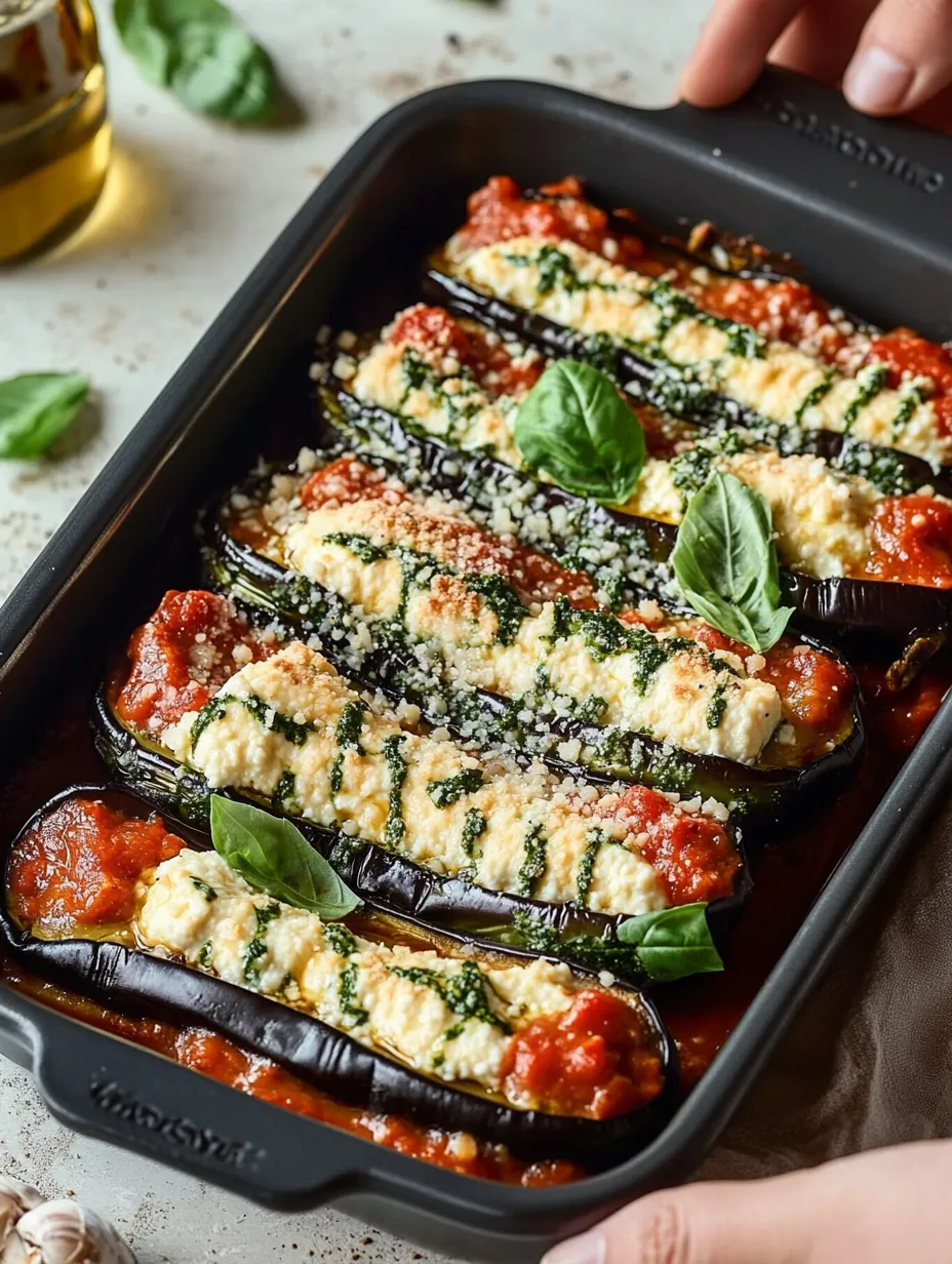 Aubergines roulées à la ricotta, épinards et coulis de tomates