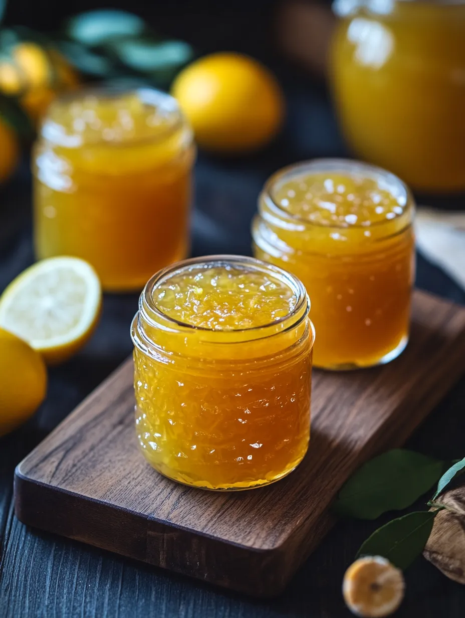 Quatre bocaux de confiture de citron sur une table.