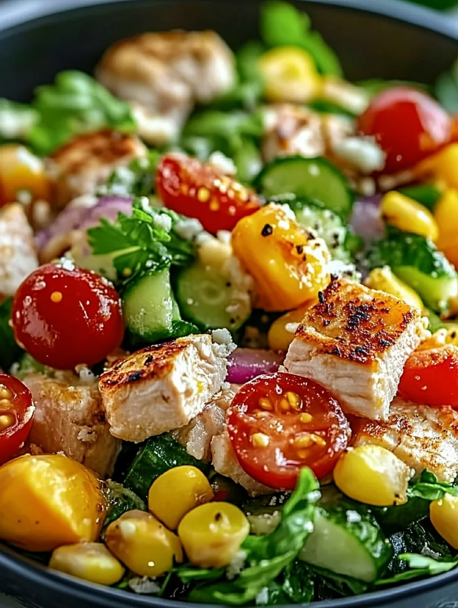 Une salade de légumes et de viande grillée.