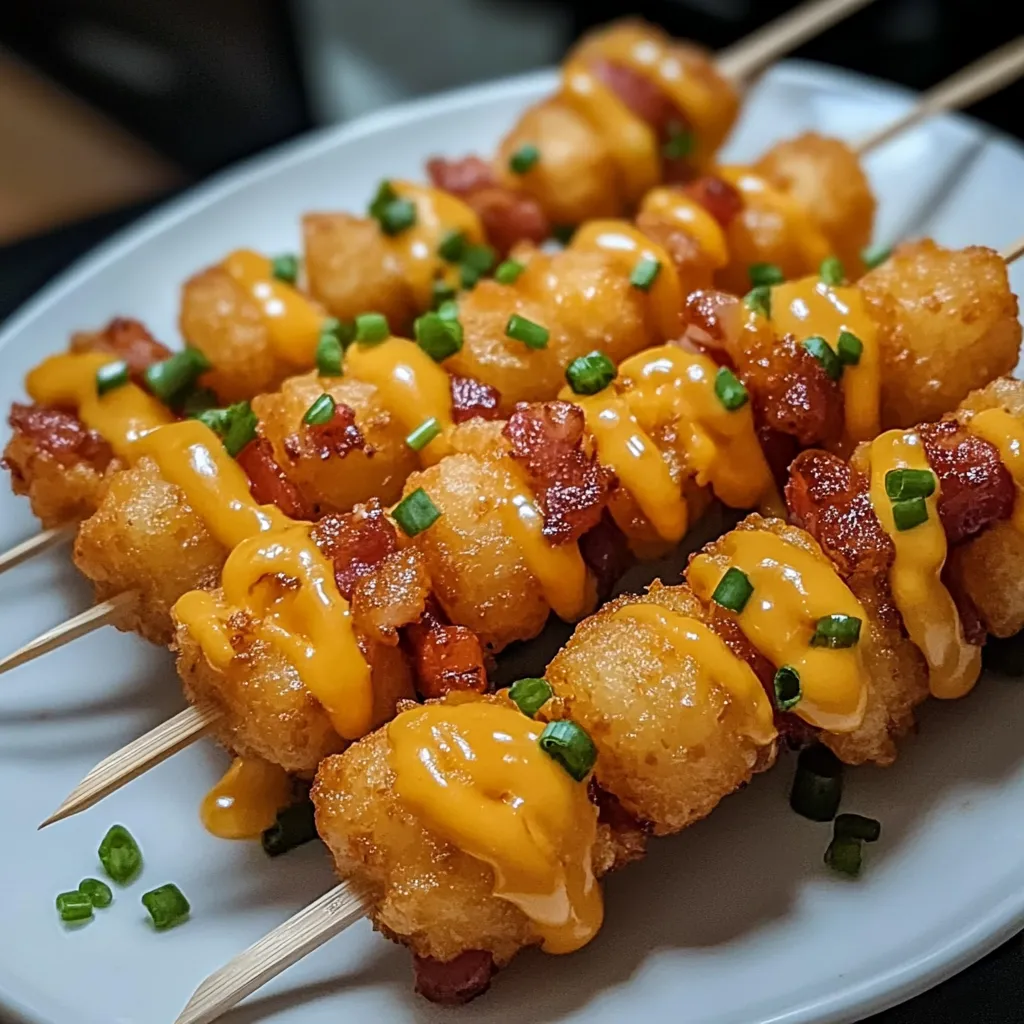 Dans une assiette, des brochettes dorées aux pommes de terre et légumes verts.