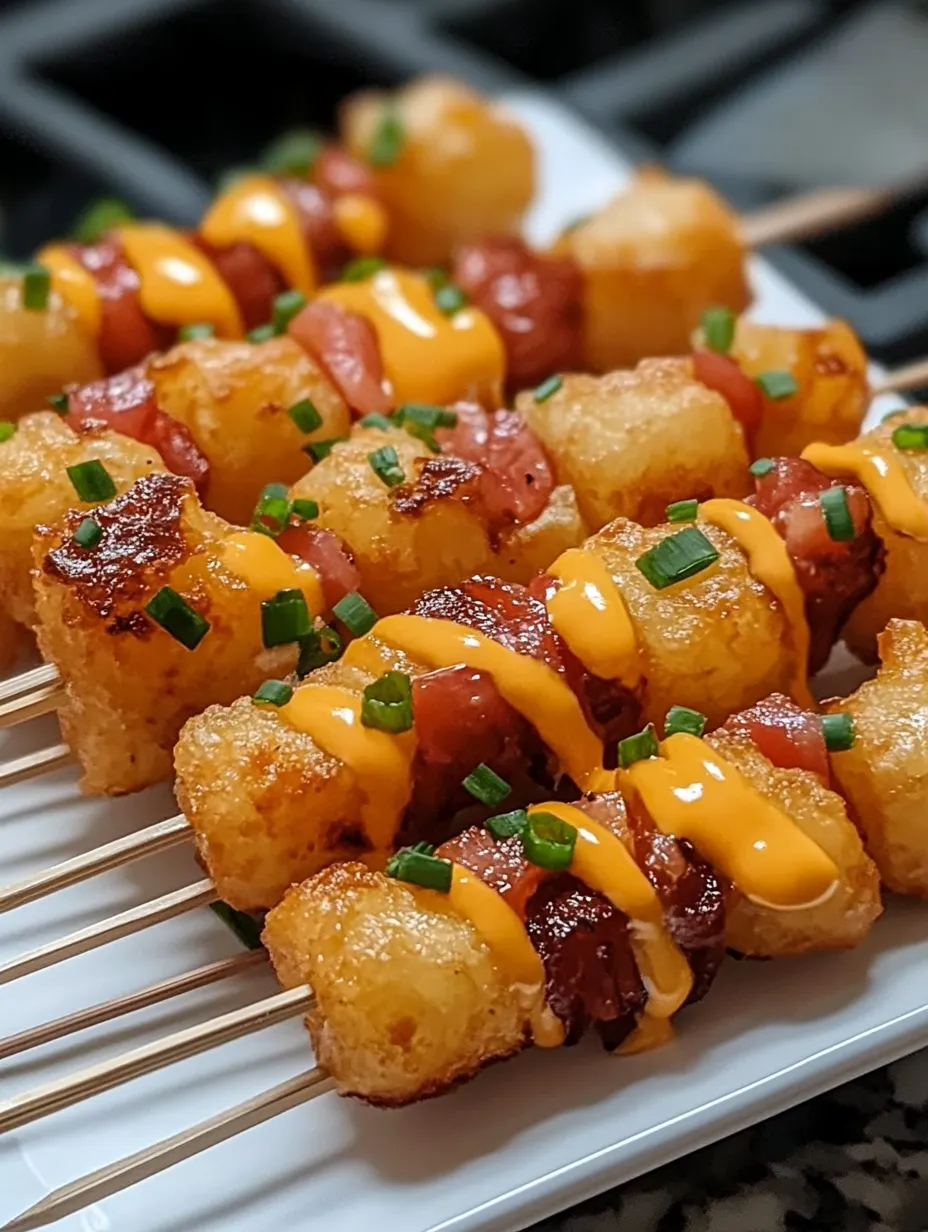 Brochettes de tater tots et sauces sur une planche avec des herbes.