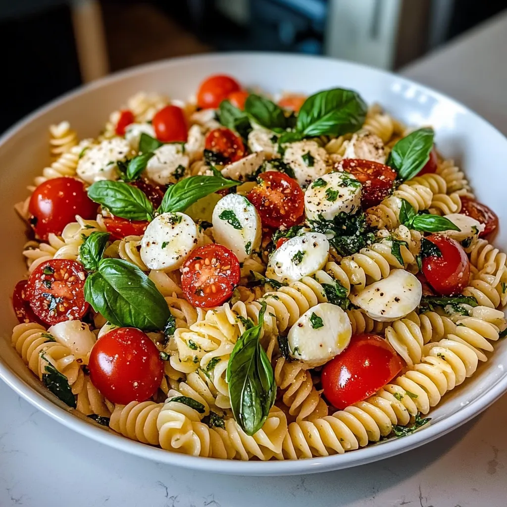 Un bol de pâtes mélangées avec tomates, basilic et fromage frais.