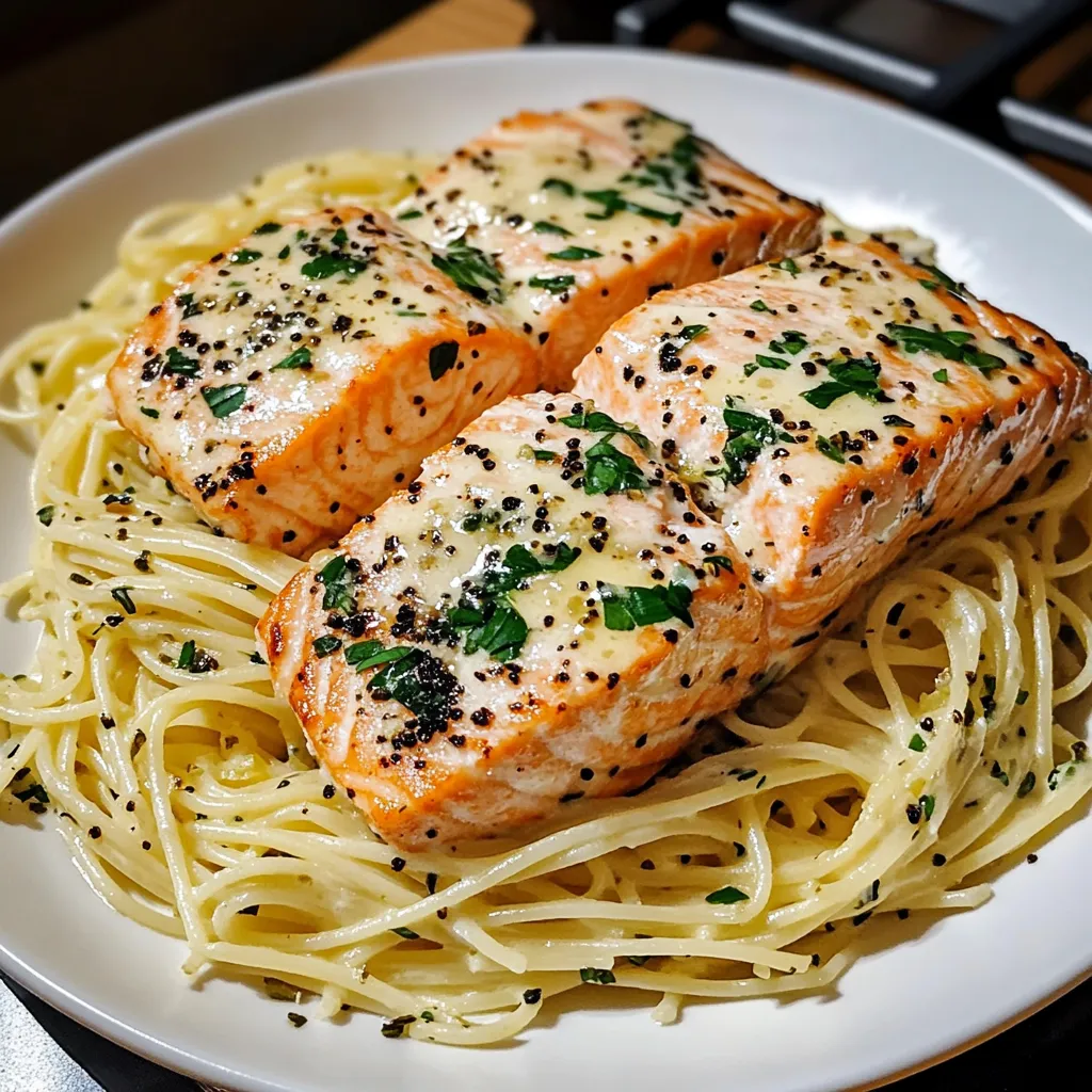 Un bol de spaghetti garni de morceaux de saumon grillé.