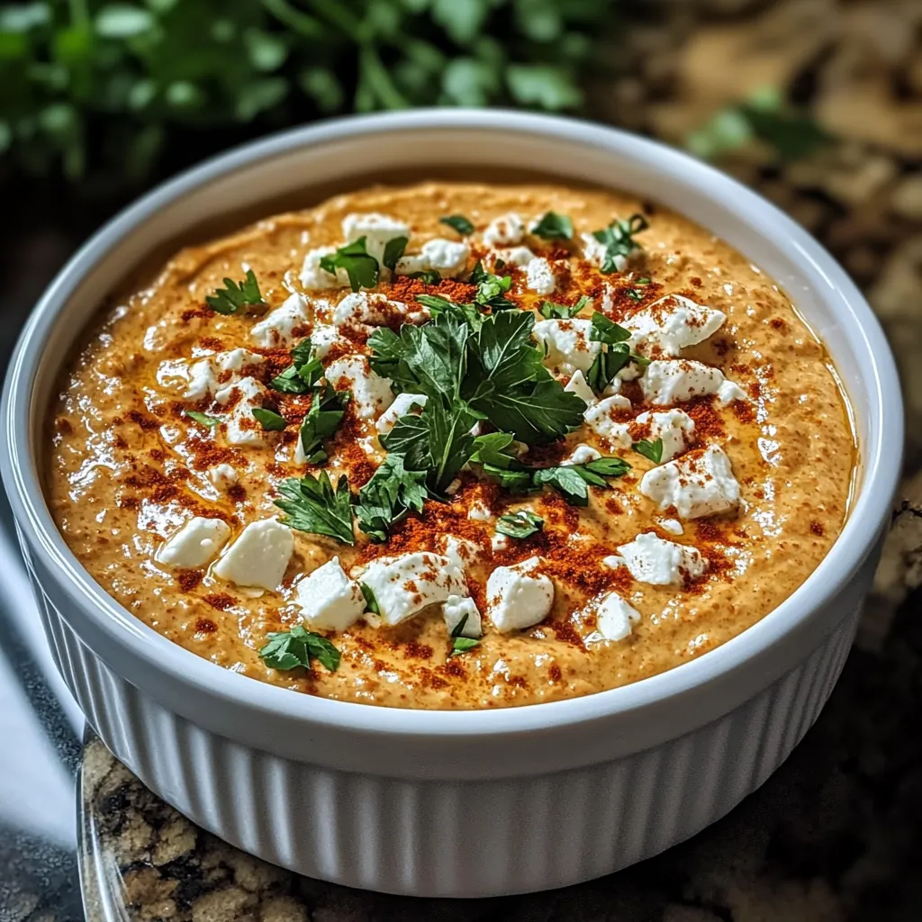 Une assiette remplie de dip paprika feta parsemé d'herbes.